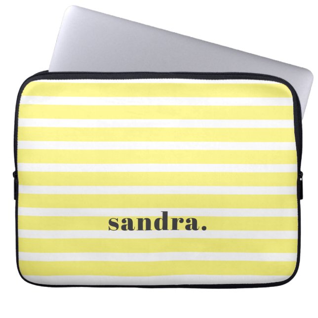 Bold Custom Name Lemon Yellow Stripes Laptop Sleeve (Front)