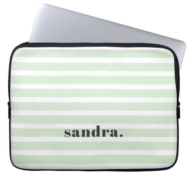 Bold Custom Name Light Green Stripes Personalised  Laptop Sleeve (Front)