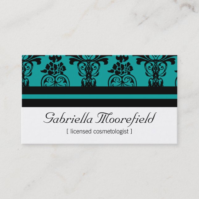 Bold Damask Teal Cosmetologist Business Cards (Front)