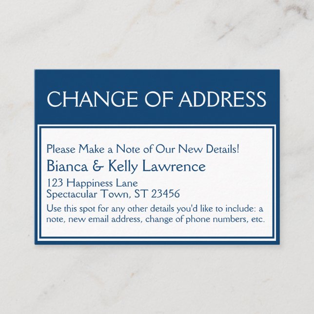 Bold Dark Blue on White Change of Address Card (Front)