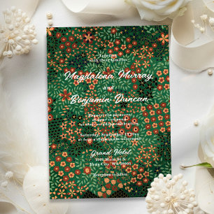 Bold Dark Green Red Floral Earthy Textile Wedding Invitation
