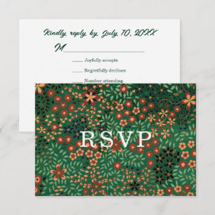 Bold Dark Green Red Floral Textile Wedding Meal RSVP Card