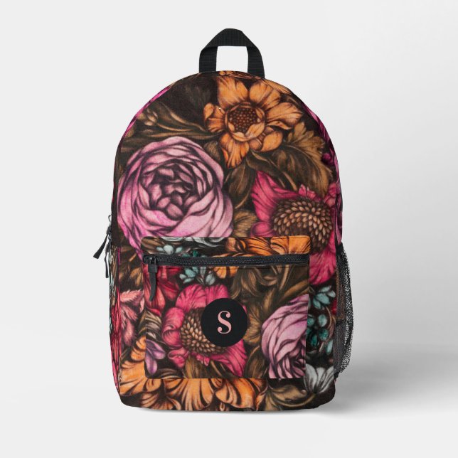 Bold Dark Vintage Florals Magenta Monogram Printed Backpack (Front)