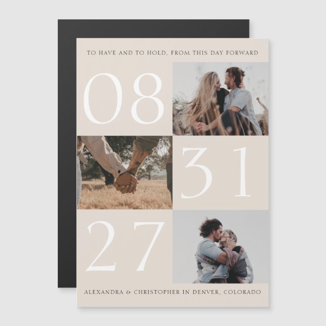 Bold Date Triple Photo Save The Date Magnetic Card (Front/Back)