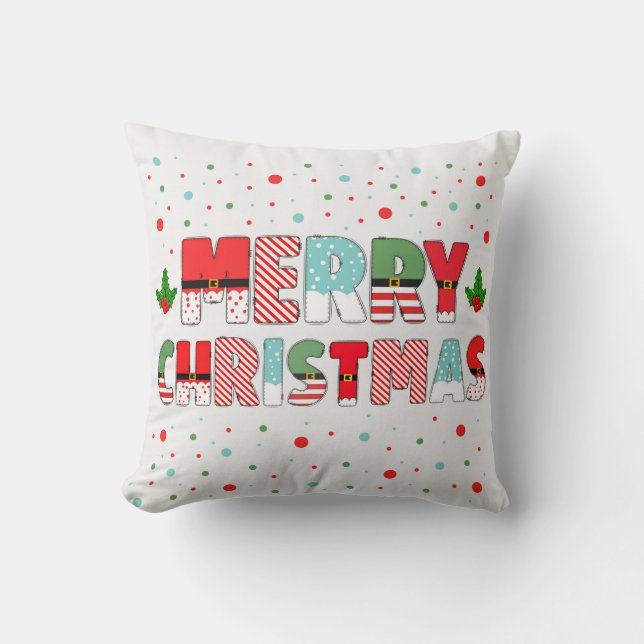 Bold Decorated Letters Spell out Merry Christmas Cushion (Front)