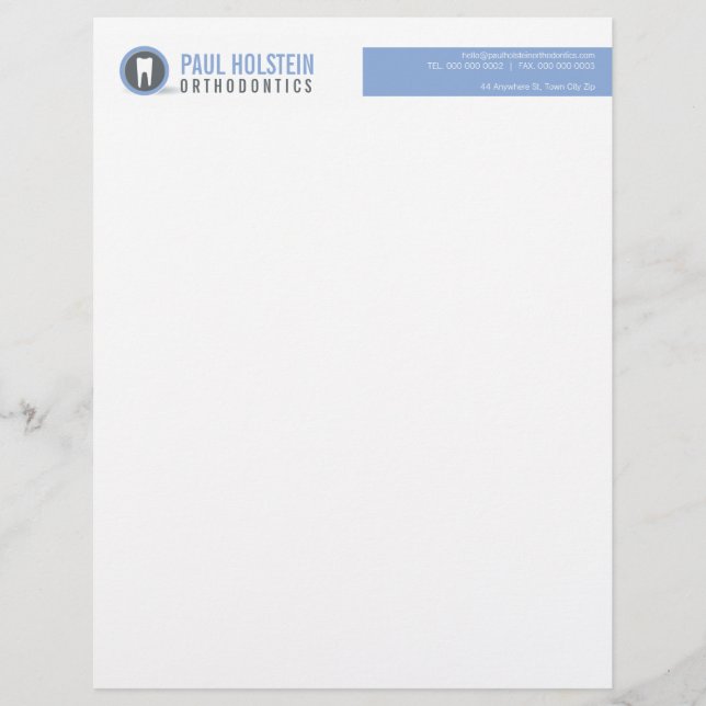 BOLD DENTIST LETTERHEAD :: modern tooth logo azure Design (Front)