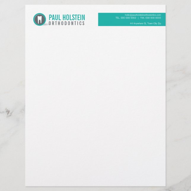 BOLD DENTIST LETTERHEAD :: modern tooth logo jade (Front)