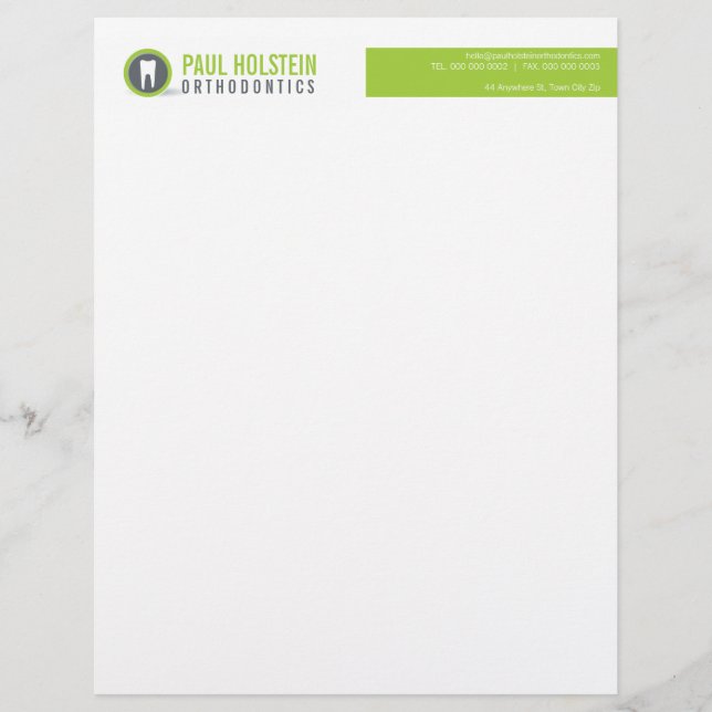 BOLD DENTIST LETTERHEAD :: modern tooth logo lime (Front)