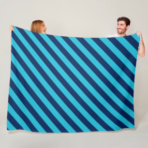 Bold Diagonal Bright Blue and Navy Stripes Fleece Blanket