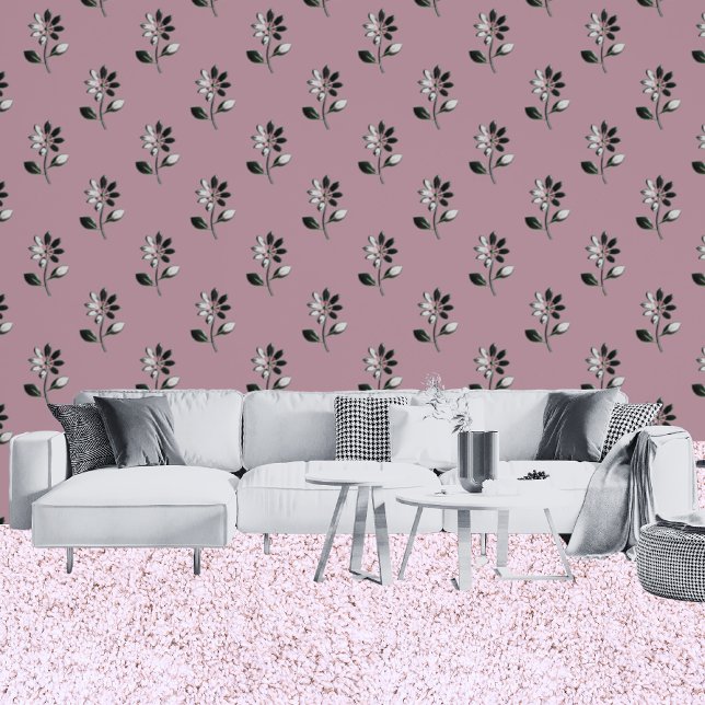 Bold Dusty Pink With Metallic Silver Flowers Wallpaper (Living Room)