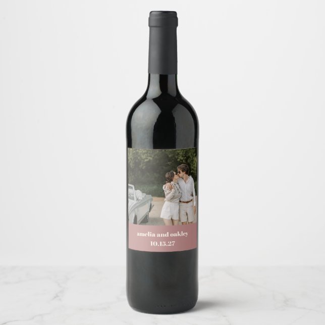 Bold Dusty Rose Retro Custom Wedding Photo Wine Label (Front)