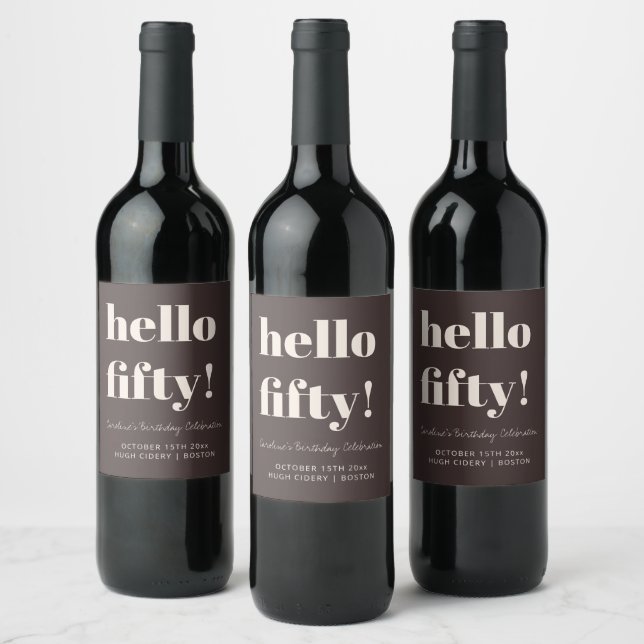 Bold Earthy Brown Modern 50th Birthday Custom Wine Label (Bottles)