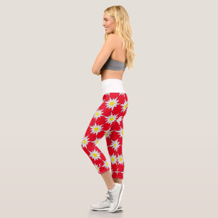 Bold Edelweiss Floral Pattern Red Capri Leggings