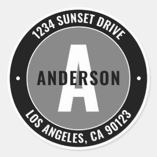 Bold Editable Text & Monogram   Black White & Grey Classic Round Sticker