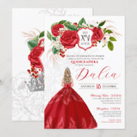 Bold Elegance Red Roses Floral Crest Quinceanera