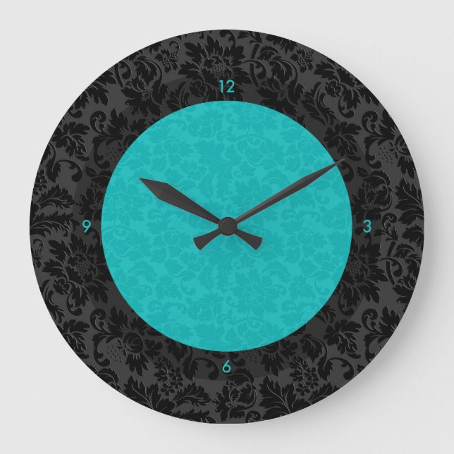 Bold Elegant Black And Turquoise Floral Damasks Large Clock (Front)