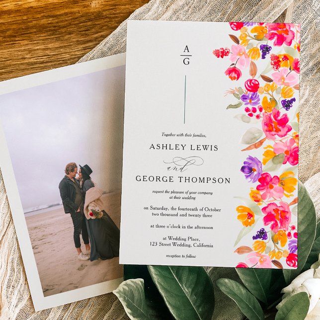 Bold elegant fall floral watercolor photo wedding invitation (Creator Uploaded)