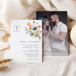 Bold Elegant Floral Monogram Crest Wedding Photo Invitation