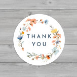 Bold Elegant Floral Wedding Favour Thank You Classic Round Sticker<br><div class="desc">Introducing our Bold Elegant Floral Wedding Favour Thank You Classic Round Sticker Design, a modern celebration of nature's artistry, featuring colourful floral watercolor arrangements in lovely hues of blush pink, navy and dusty blue, peach, and yellow with soft eucalyptus greenery beautifully set against a simple pristine white canvas with minimalist...</div>