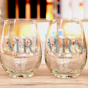 Bold Elegant Floral Wedding Mr. and Mrs. Stemless Wine Glass