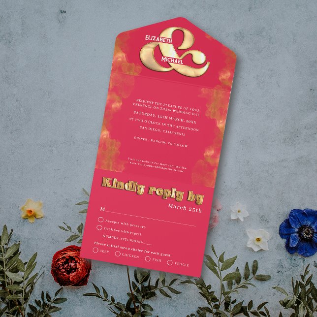 Bold Elegant Gold And Pink Magenta RSVP Wedding All In One Invitation (Creator Uploaded)