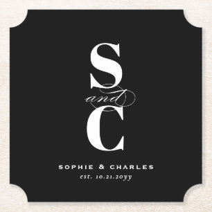 Bold elegant initials black & white wedding paper coaster