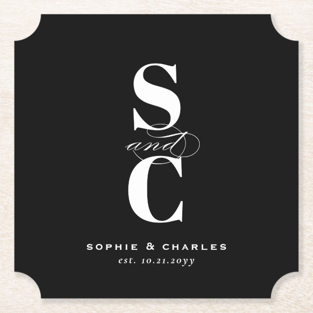 Bold elegant initials black & white wedding paper coaster (Front)