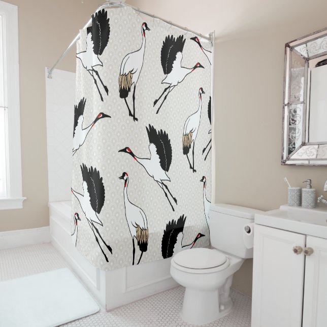 Bold Elegant Japanese Cranes & Waves Shower Curtain (In Situ)