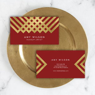 Bold Elegant Red Faux Gold Geometric Makeup Artist Business Card