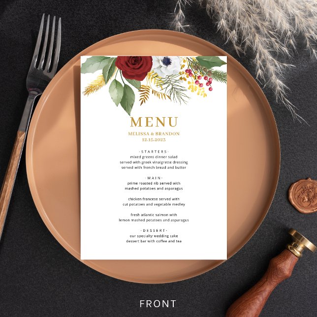 Bold Elegant Red Gold Floral Monogram Wedding Menu (Creator Uploaded)