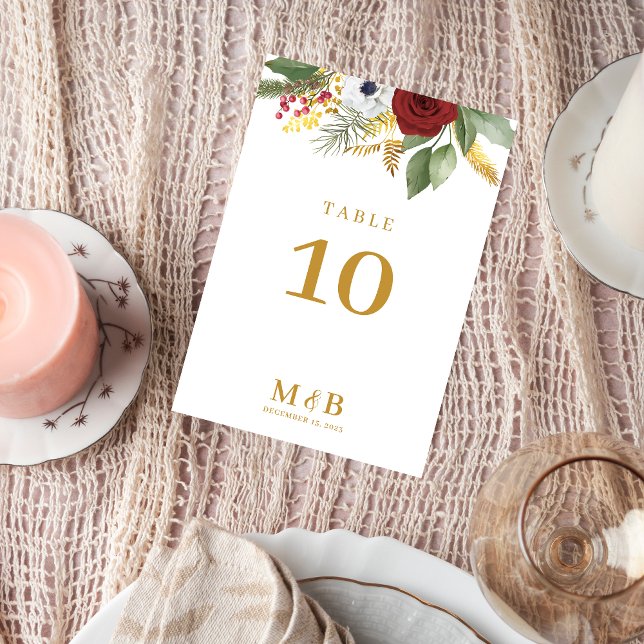 Bold Elegant Red Gold Floral Monogram Wedding Table Number (Creator Uploaded)