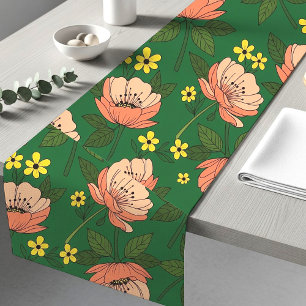 Bold Emerald Green and Peach Modern Floral Pattern Short Table Runner