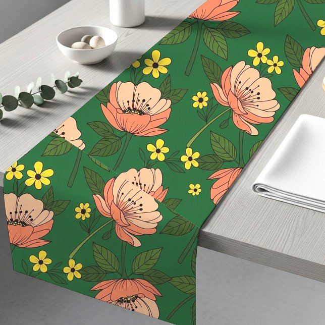 Bold Emerald Green and Peach Modern Floral Pattern Short Table Runner (Creator Uploaded)
