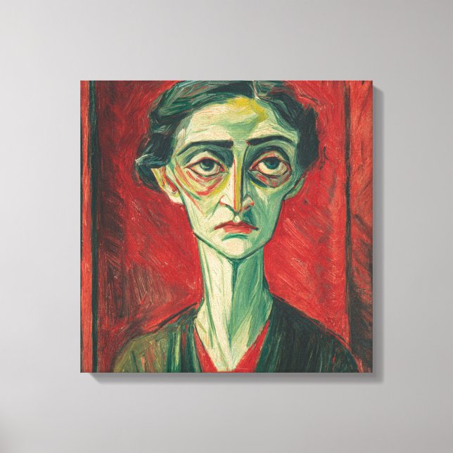Bold Expressionist Portrait in Red and Green Canvas Print (Front)
