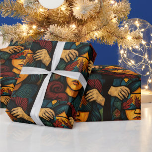 Bold, faceless figure with hands wrapping paper