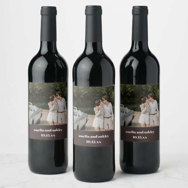 Bold Fall Brown Retro Custom Wedding Photo Wine Label (Bottles)