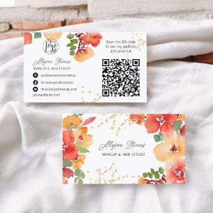 Bold fall floral gold makeup hair logo qr code business card