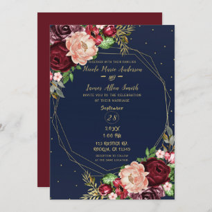 Bold Fall Floral Navy Blue Gold & Burgundy Wedding Invitation
