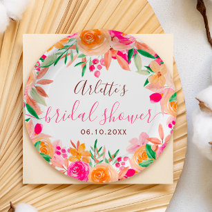 Bold fall floral watercolor bridal shower welcome paper plate