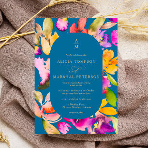 Bold fall oversize floral watercolor photo wedding invitation