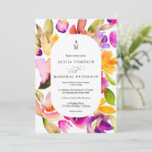 Bold fall oversize floral watercolor photo wedding invitation (Standing Front)