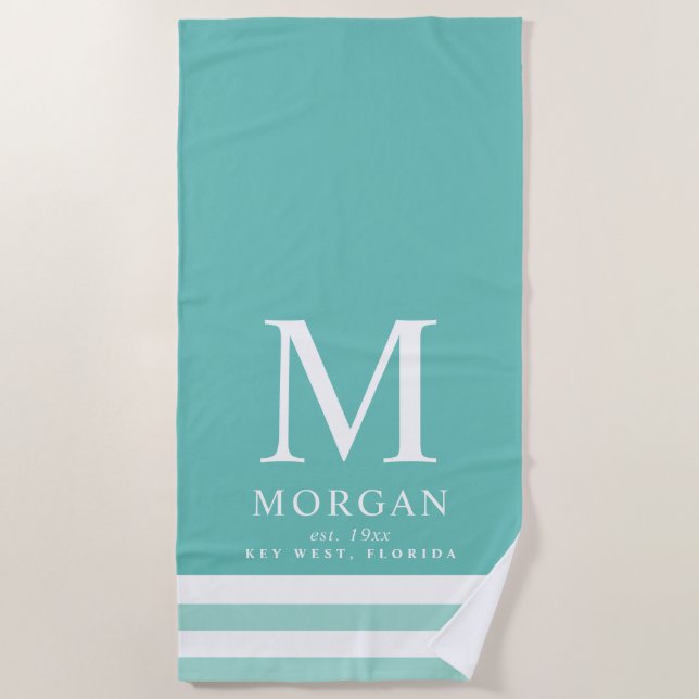 Bold Family Monogram Teal | White Beach Towel (Front)