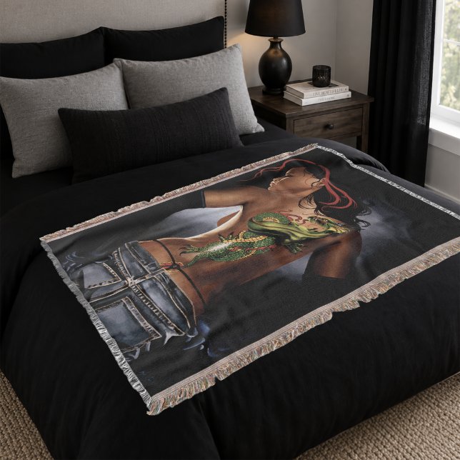 Bold  Fantasy Dragon Tattoo Woman Throw Blanket (Creator Uploaded)