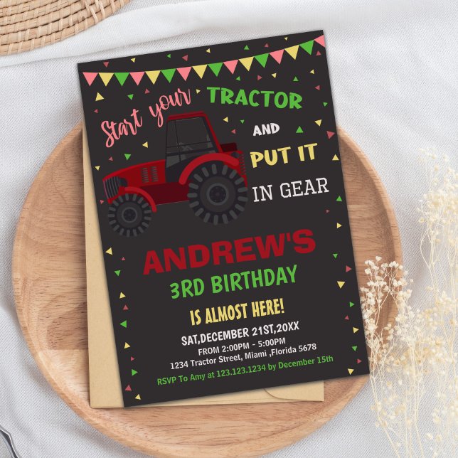 Bold Farm Party Card for Boys (Red Black Tractor Birthday Invitations)