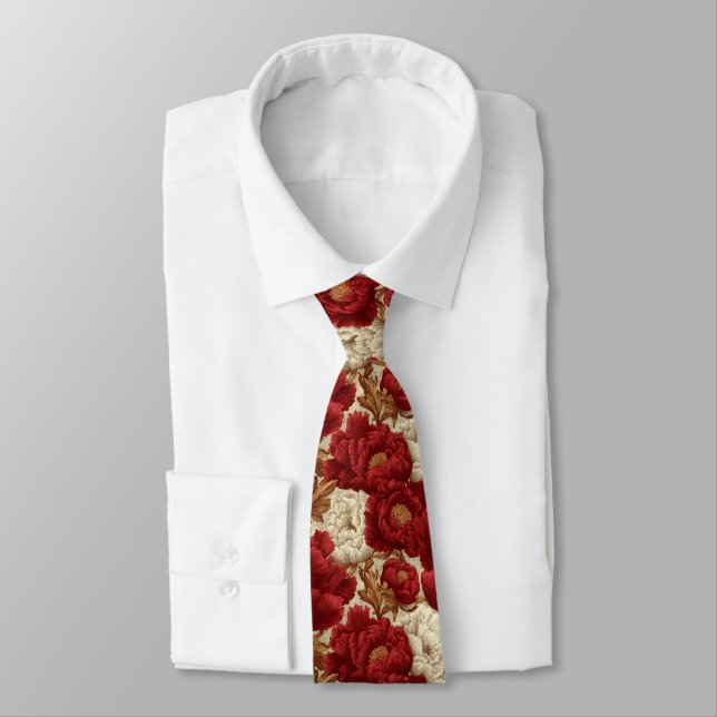Bold Fathers Day Gift Peonies Flower Tie (Tied)