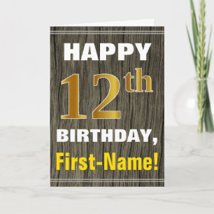 Bold, Faux Wood, Faux Gold 12th Birthday + Name Card