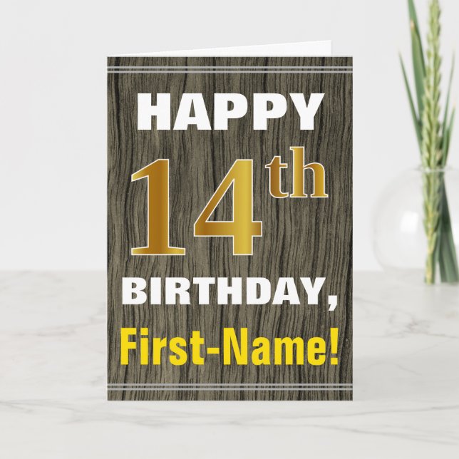 Bold, Faux Wood, Faux Gold 14th Birthday + Name Card (Front)
