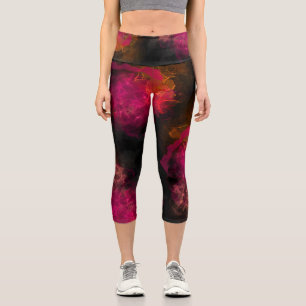 Bold Fiery Pink Coral Neon Alcohol Ink Capri Leggi Leggings