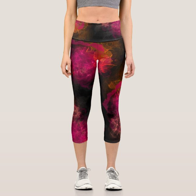 Bold Fiery Pink Coral Neon Alcohol Ink Capri Leggings (Front)