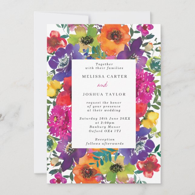 Bold Fiesta  Colourful Flowers Summer Wedding Invitation (Front)